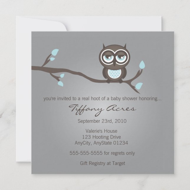 Gray, Blue and Brown Owl Invitation (Front)