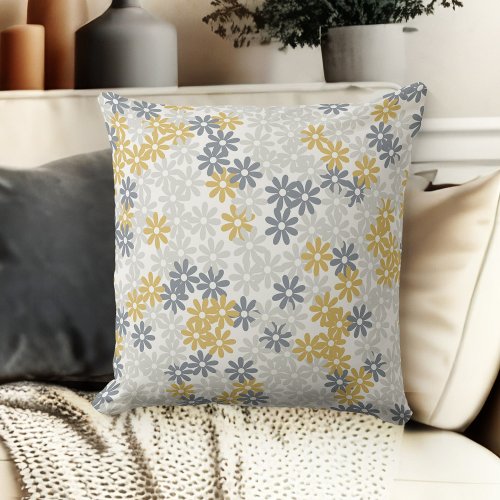 Gray Blue And Gold Floral Daisies Couch Throw Pillow