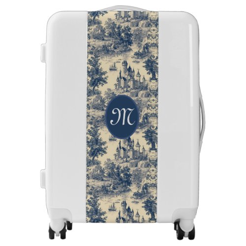 Gray Blue and Ivory French Castles Toile Luggage