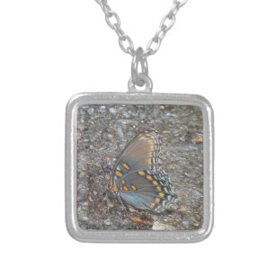 Gray Blue and orange butterfly camo Silver Plated Necklace