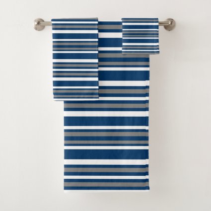 Gray Blue and White Stripes Bath Towel Set
