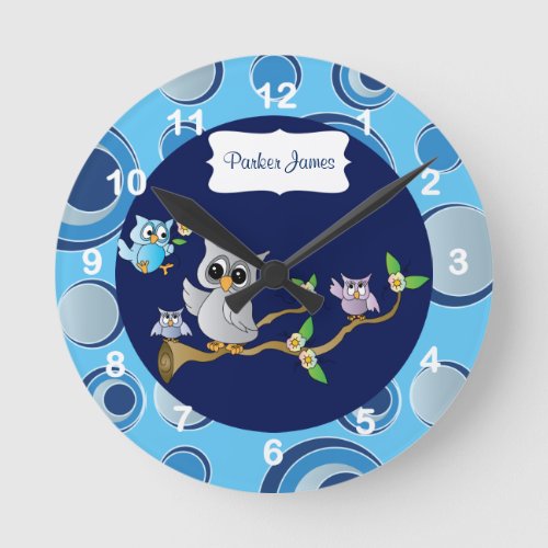 Gray  Blue Baby Owl  Nursery Theme Round Clock