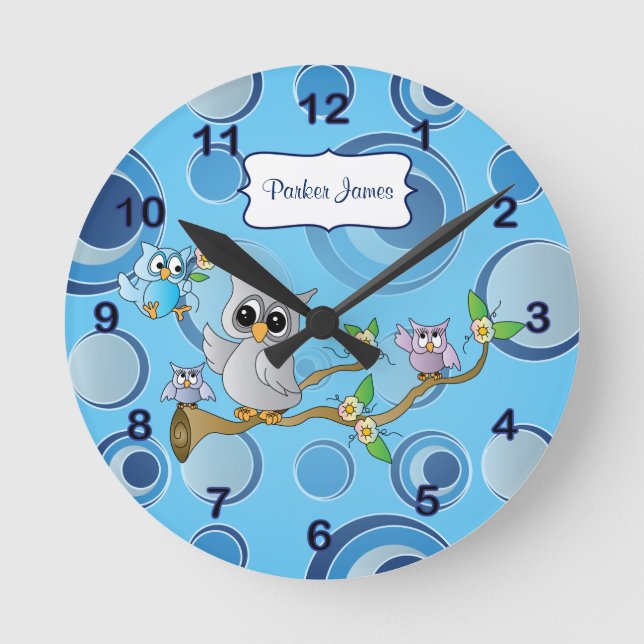 Gray & Blue Baby Owl | Nursery Theme Round Clock (Front)