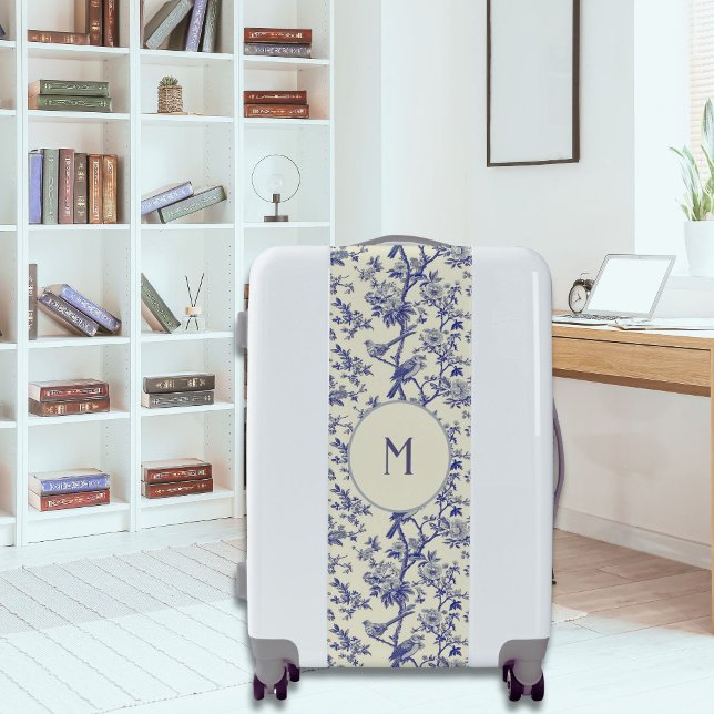 Gray Blue Bird and Branch French Toile Luggage (Custom suitcase with French toile pattern and monogram.)