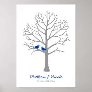 Gray Blue Birds Fingerprint Tree Wedding Poster