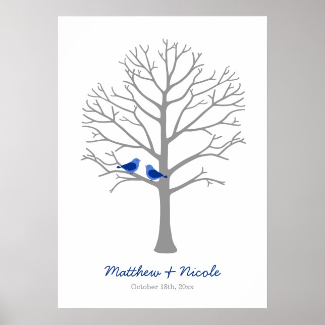Gray Blue Birds Fingerprint Tree Wedding Poster (Front)