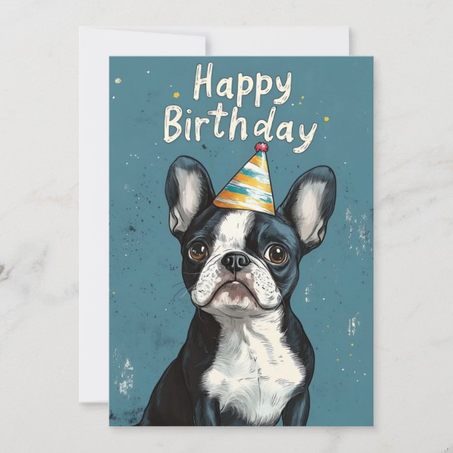 Gray-Blue Boston Terrier Birthday Party Invitation (Front)