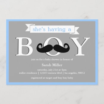 Gray Blue - Boy Moustache Baby Shower Invitation by party_depot at Zazzle