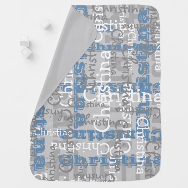 Gray Blue Boys Name Collage Personalized Baby Blanket (In Situ)