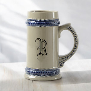 Gray & Blue Ceramic Beer Stein with Custom Initial