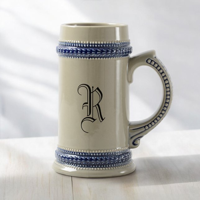 Gray & Blue Ceramic Beer Stein with Custom Initial (MISOOK Grey Beer Stein with Initial)