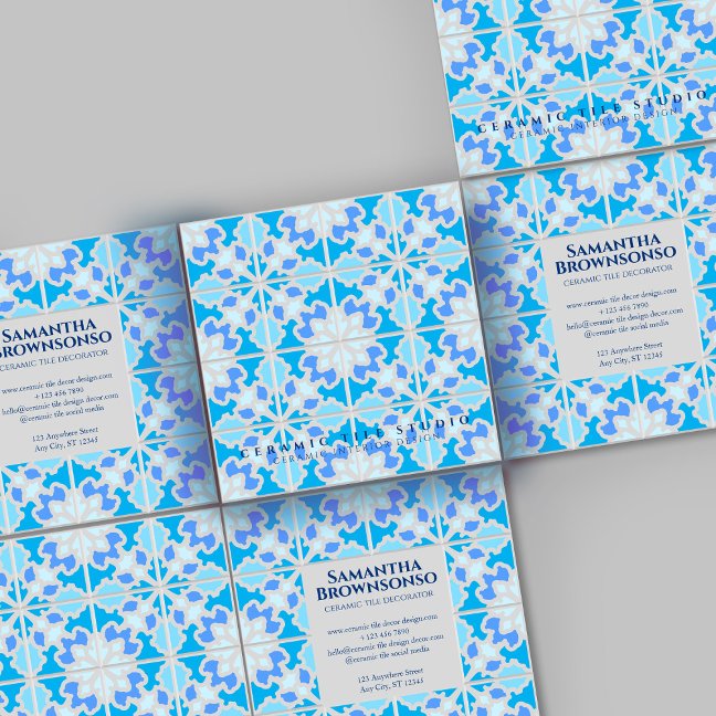 Gray Blue Ceramic Tile Square Business Card
