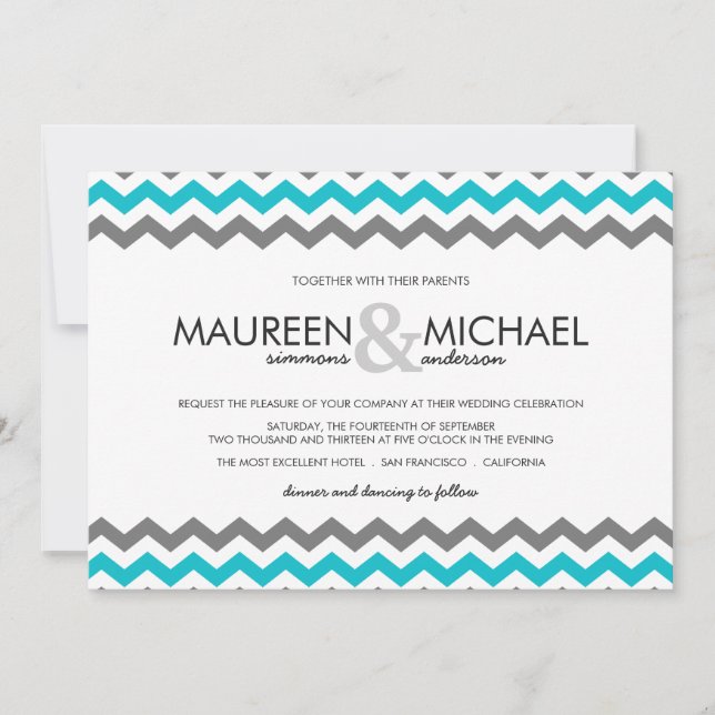 Gray & Blue Chevron Zig Zag Wedding Invitations (Front)