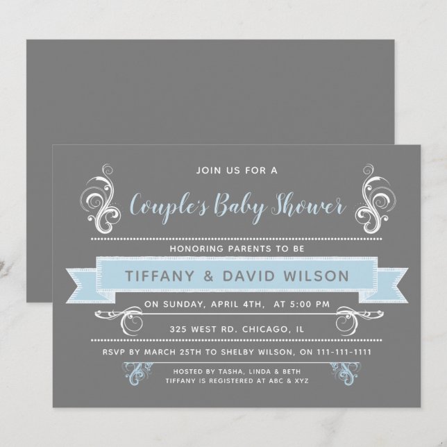 gray blue Couples Baby shower Invitation (Front/Back)