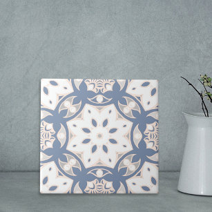 Gray Blue Cream White Ethnic Geometric Pattern Ceramic Tile