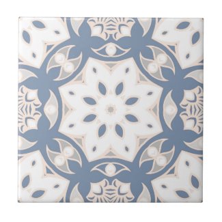 Gray Blue Cream White Ethnic Geometric Pattern Ceramic Tile