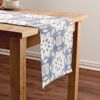Gray Blue Cream White Ethnic Geometric Pattern Short Table Runner