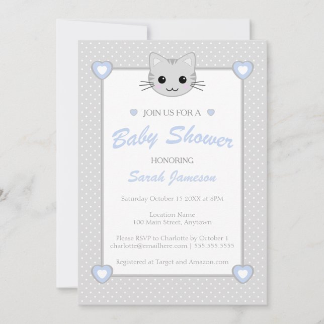 Gray Blue Cute Kawaii Cat Animal Baby Shower Dots Invitation (Front)