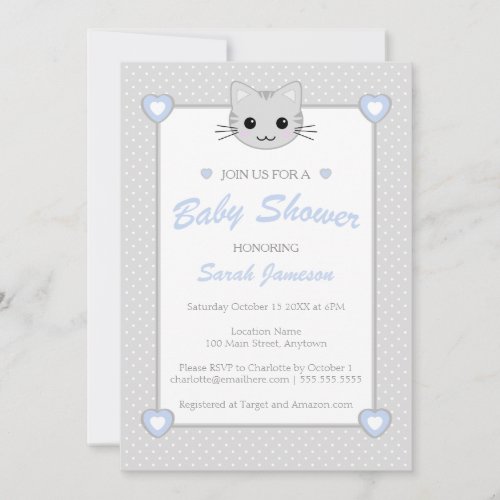 Gray Blue Cute Kawaii Cat Animal Baby Shower Dots Invitation