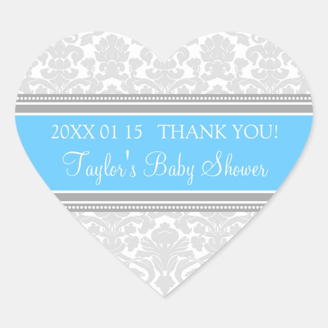 Gray Blue Damask Baby Shower Favor Stickers (Front)