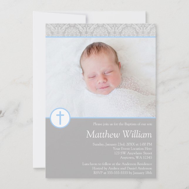 Gray Blue Damask Cross Boy Photo Baptism Invitation (Front)