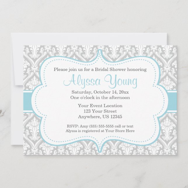 Gray Blue Damask Invitation (Front)