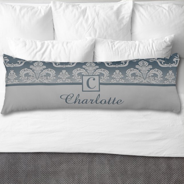 Gray Blue Damask Monogram Personalized Name  Body Pillow (Creator Uploaded)