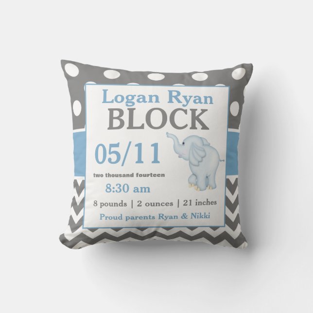 Gray Blue Elephant Baby Announcement Pillow (Front)