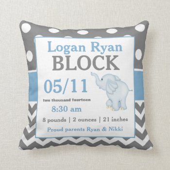 Gray Blue Elephant Baby Announcement Pillow by mybabytee at Zazzle