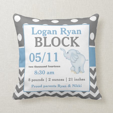 Gray Blue Elephant Baby Announcement Pillow