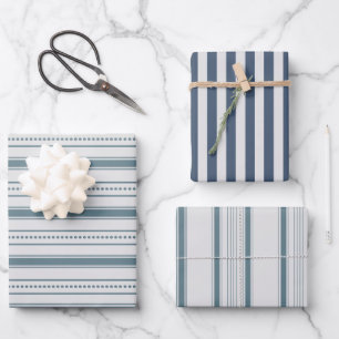Gray & Blue Farmhouse Stripe Wrapping Paper Sheets