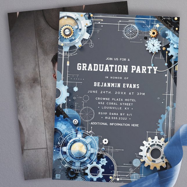 Gray Blue Gears Engineering Graduation Photo Invitation (Creator Uploaded)