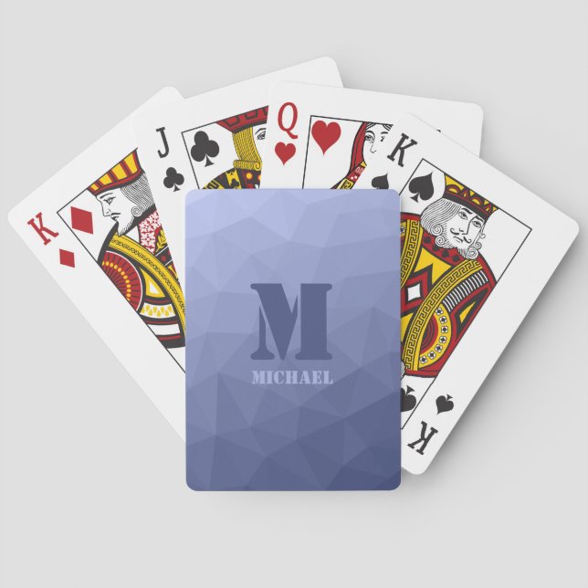 Gray blue geometric mesh pattern Monogram Poker Cards (Back)