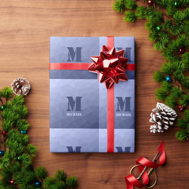 Gray blue geometric mesh pattern Monogram Wrapping Paper (Holiday Gift)