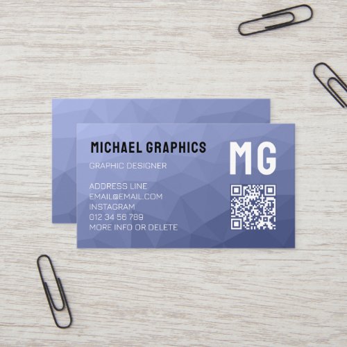 Gray blue geometric mesh pattern QR code Monogram Business Card