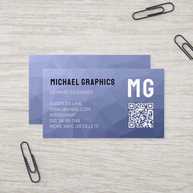 Gray blue geometric mesh pattern QR code Monogram Business Card (Front/Back In Situ)