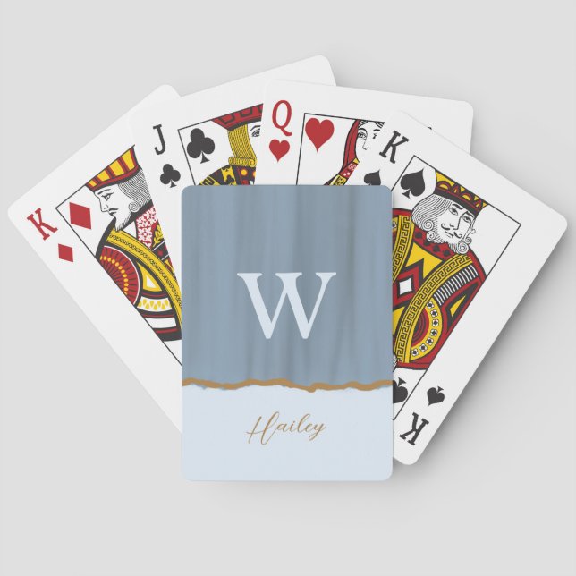 Gray Blue Gold Luxury Monogram Poker Cards (Back)