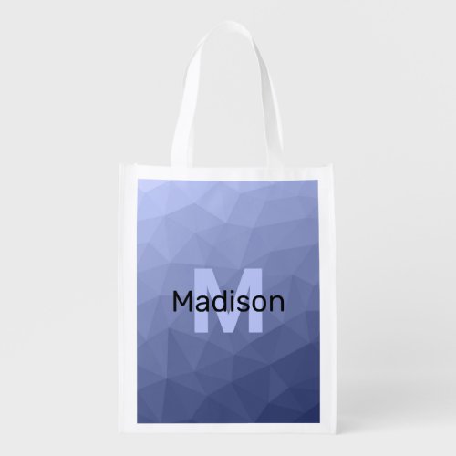 Gray blue gradient geometric mesh Monogram Grocery Grocery Bag