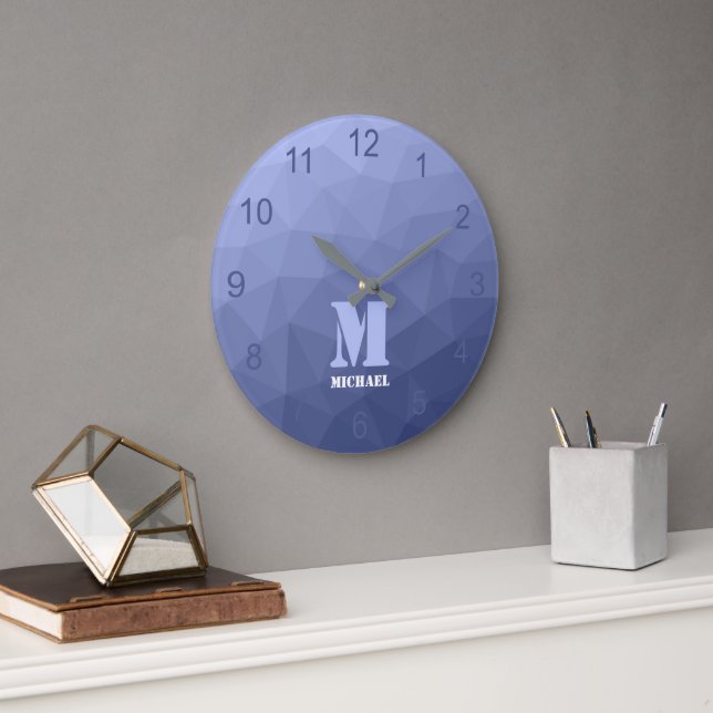 Gray blue gradient geometric mesh pattern Monogram Large Clock (Office)