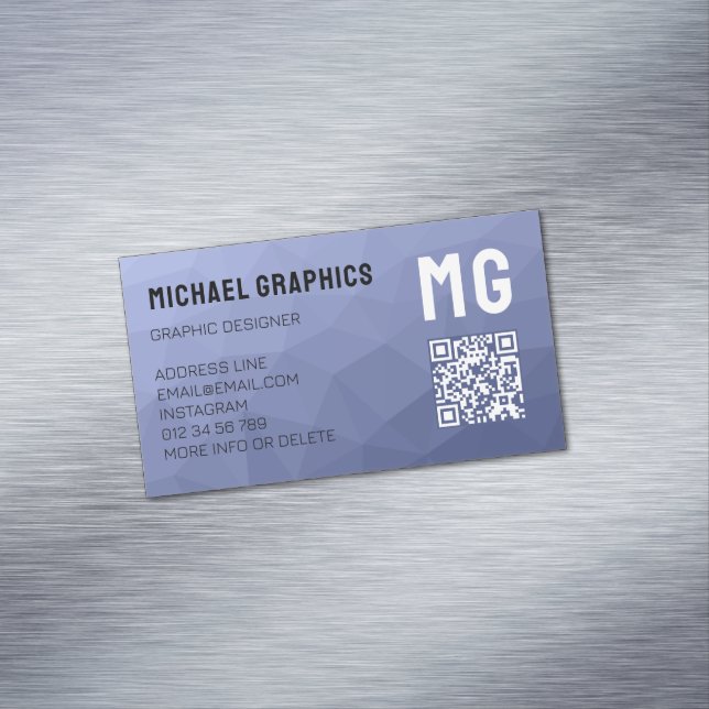 Gray blue gradient geometric mesh pattern QR code Business Card Magnet (In Situ)