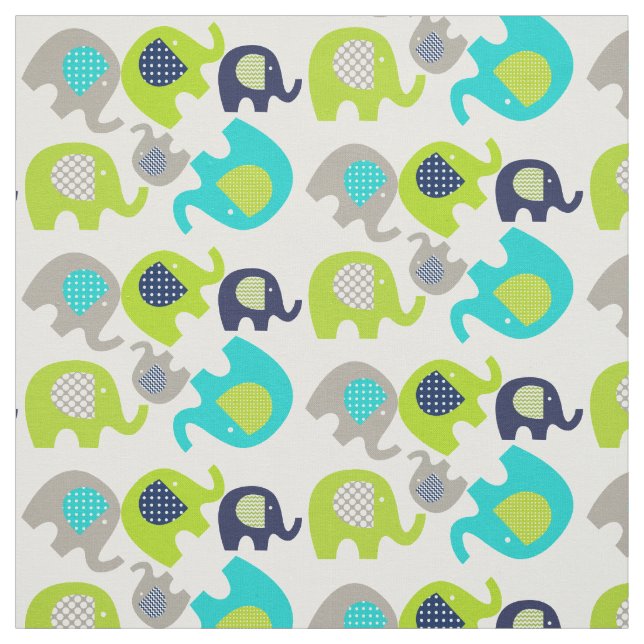 Gray Blue Green Elephants on White Fabric (Swatch)