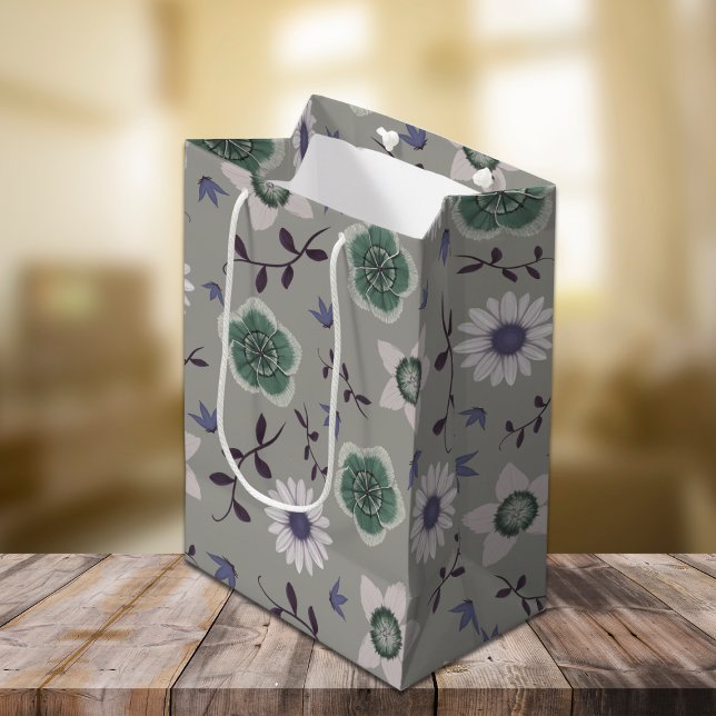 Gray Blue & Green Modern Wildflower Botanical Medium Gift Bag (Creator Uploaded)