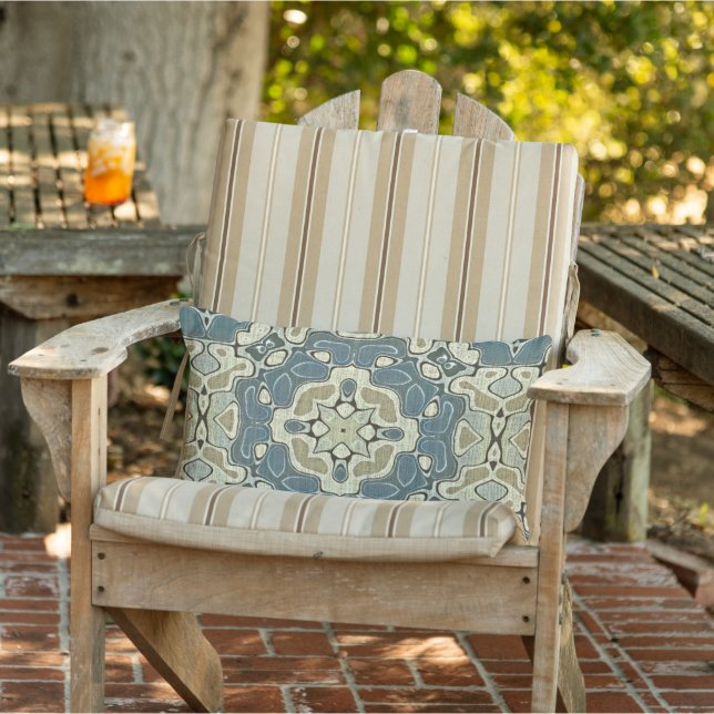 Gray Blue Green Taupe Beige Brown Orient Bali Art Lumbar Pillow (Chair)