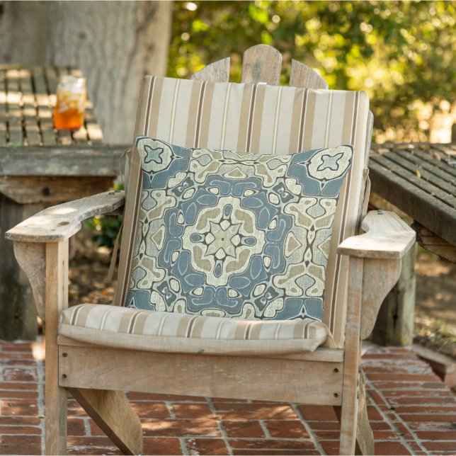 Gray Blue Green Taupe Beige Brown Tribal Art Outdoor Pillow (Chair)
