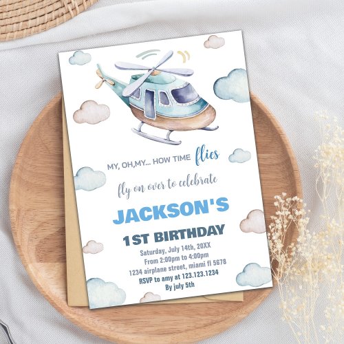 Gray Blue Helicopter Birthday Invitations