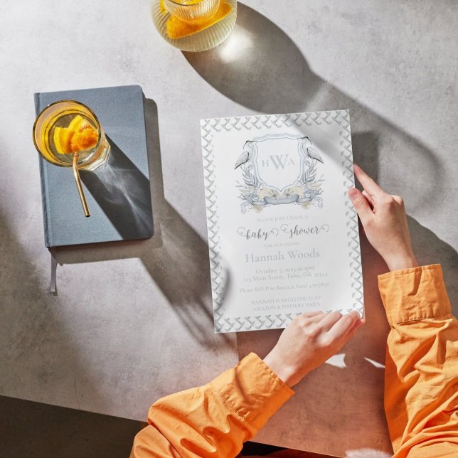 Gray Blue Heron Monogram Crest Baby Shower Invitation (Creator Uploaded)