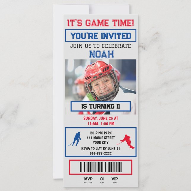 Gray&blue Hockey Ticket Birthday Party Invitation (Front)
