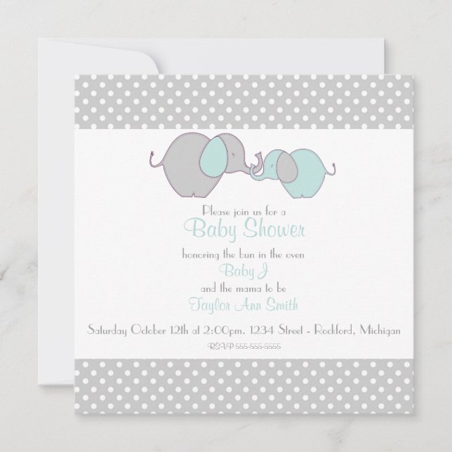 Gray & Blue Mama & Baby Elephant Shower Invitation (Front)