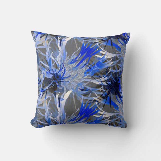 Gray & Blue Modern Artistic Abstract Floral Throw Pillow (Front)