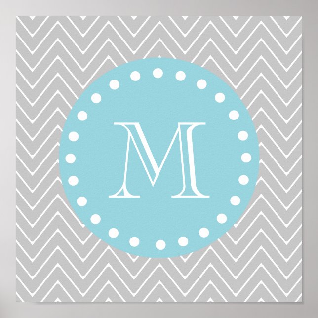 Gray & Blue Modern Chevron Custom Monogram Poster (Front)